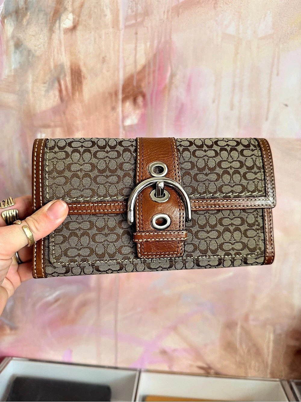 Coach Signature Stripe Buckle Long Wallet in Brown